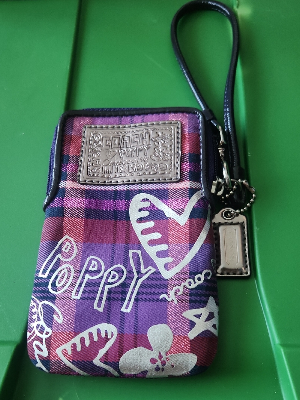 Coach Purple Plaid Poppy Wristlet Pouch with Logo Tag